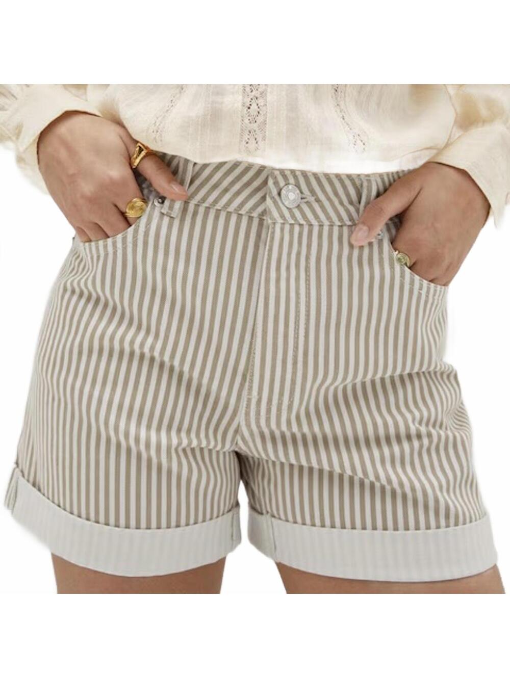Mango Mom80 High-Rise Stripe Jean Shorts Beige Sand NWT Size 0